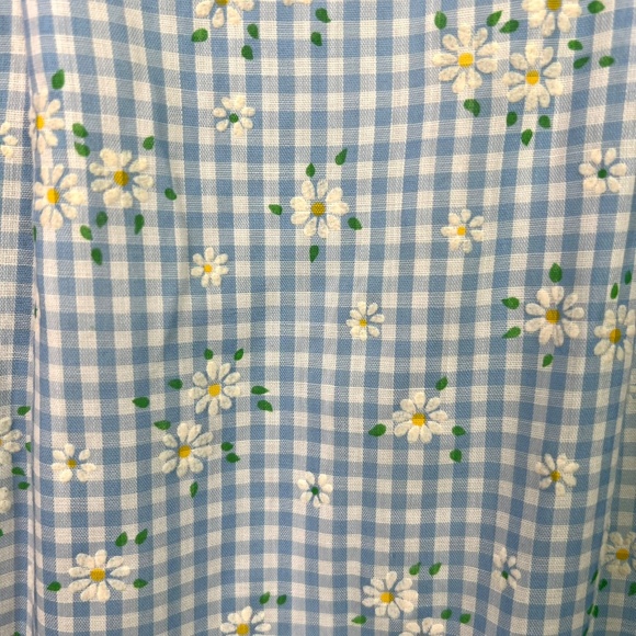 Vintage 60s 70s Blue Gingham Flocked Daisy Empire Waist Dress - Size XS - Picture 2 of 9